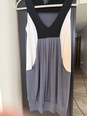 XOXO Colorblock V-Neck Midi Dress in Black, Gray & White